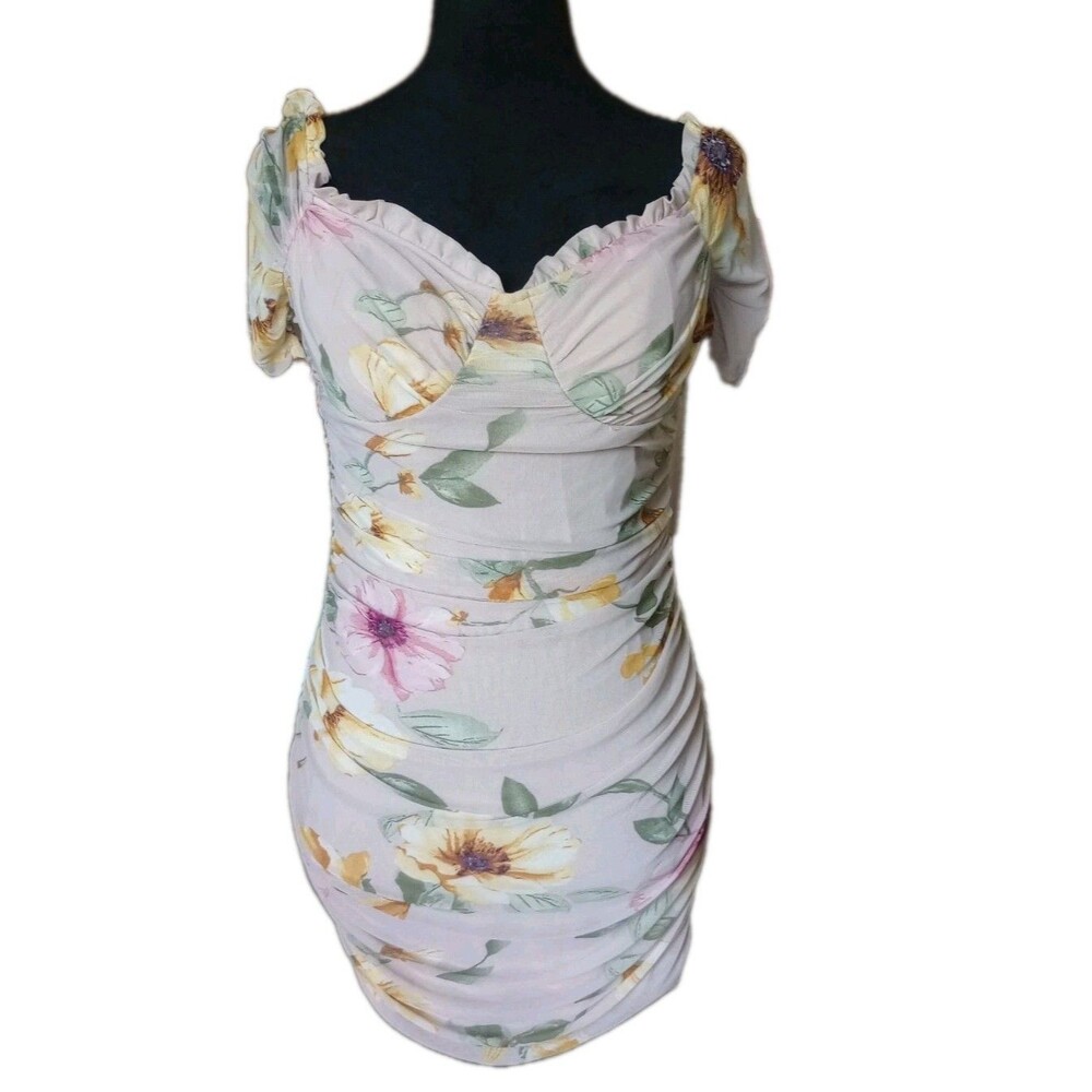 Lulus Women's L Tan Floral Ruched Bodycon Mini Dress, NWT